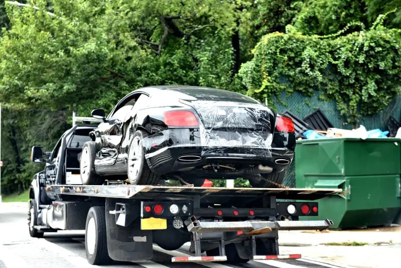 Damaged car loaded on a tow truck